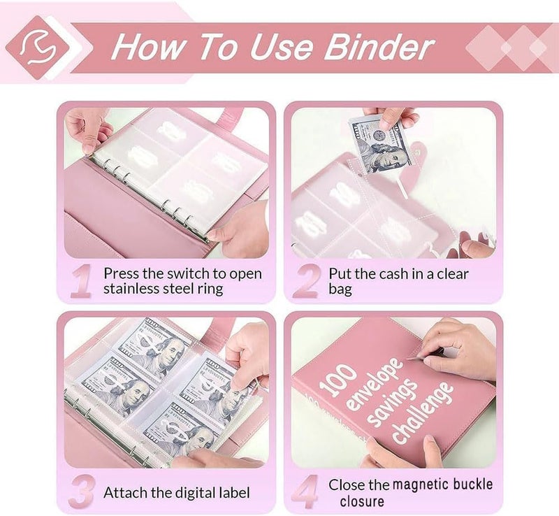 AASLOB 100 Envelopes Money Saving Challenge, 100 Envelope Challenge Binder, Easy and Fun Way to Save $5,050, Savings Challenges Budget Book Binder with Cash Envelopes for Office,Home,School (Pink) - Image 3